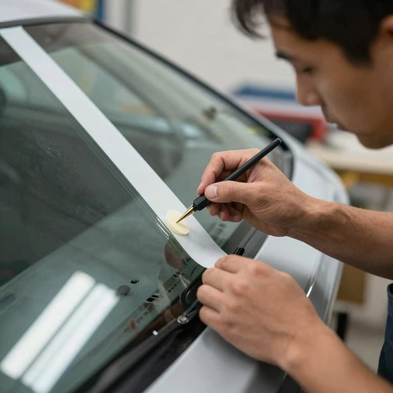 A technician expertly applying adhesive to the edge of a new, clear windshield. North American / US workshop setting with bright lighting.
