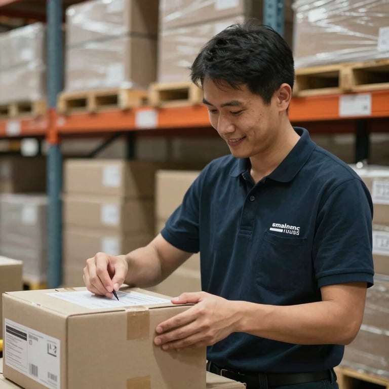 Smiling staff member in the warehouse carefully labeling a box, emphasizing precision and care.