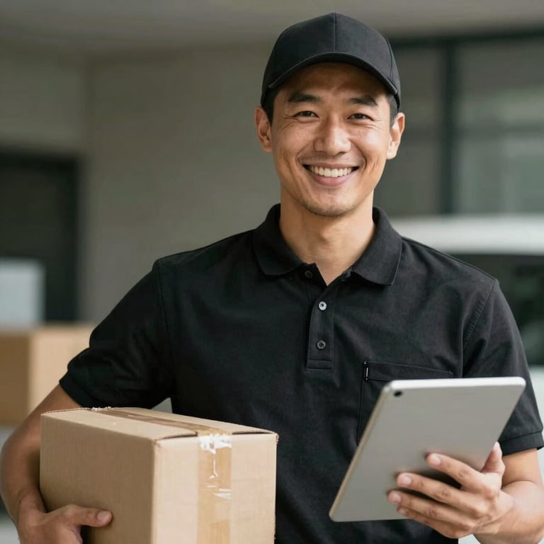 Close-up of a delivery driver in a black uniform smiling warmly while holding a tablet and a package.