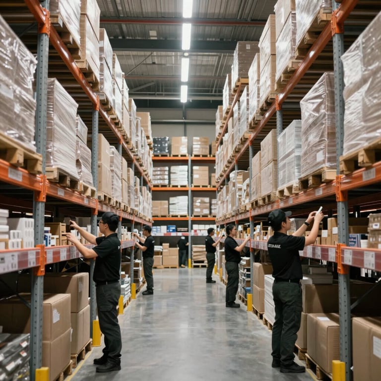 A wide, bright shot of an organized warehouse with silver grey high-reach shelving and employees in black uniforms managing inventory.