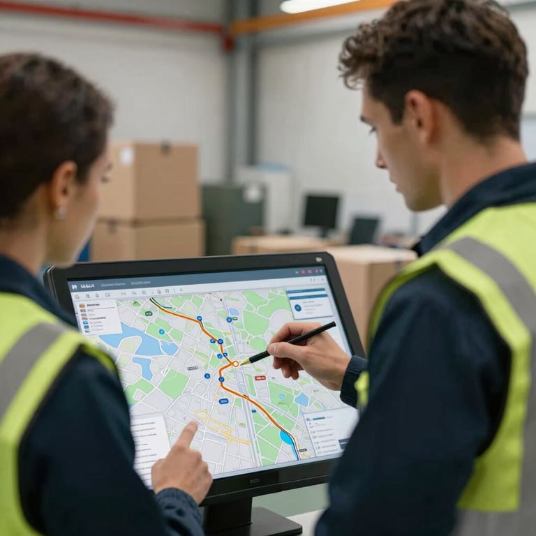 Two logistics professionals looking at a digital map, discussing delivery routes in a professional setting.