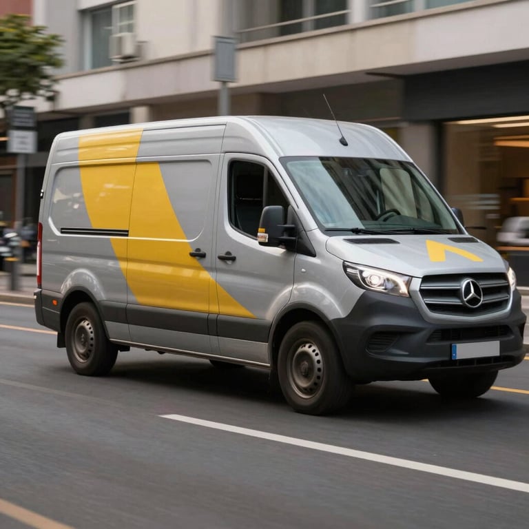 Action shot of a silver grey van driving on a clean city street with a vibrant golden yellow logo on the side.
