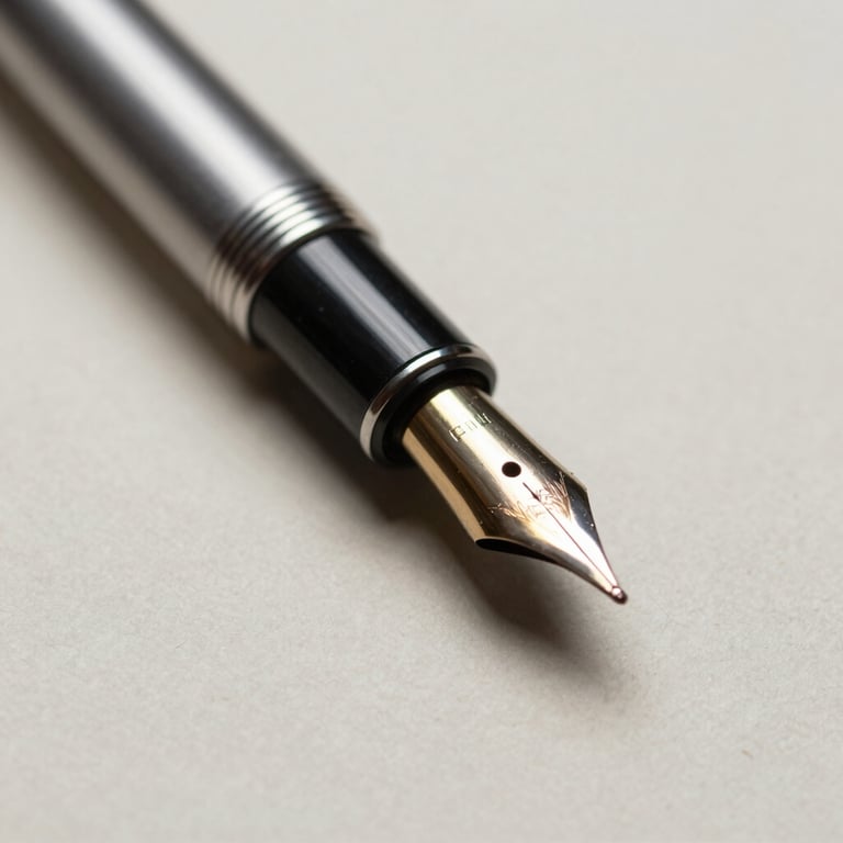 Macro close-up of a high-quality fountain pen resting on heavy textured paper stock, soft natural side lighting.