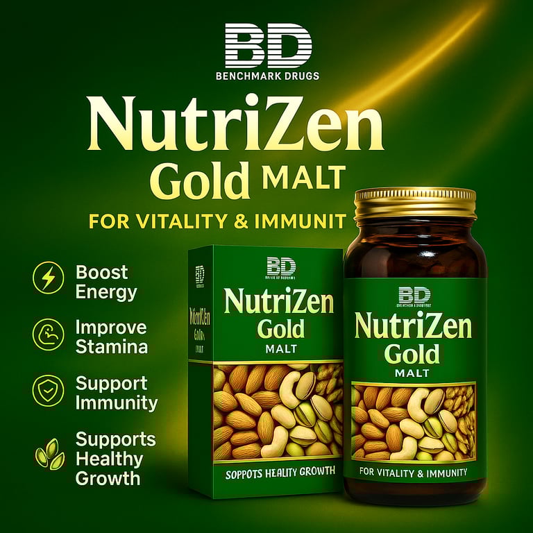 alt="Nutrizen Gold Malt nutritional health malt for strength and energy by Benchmark Drugs"