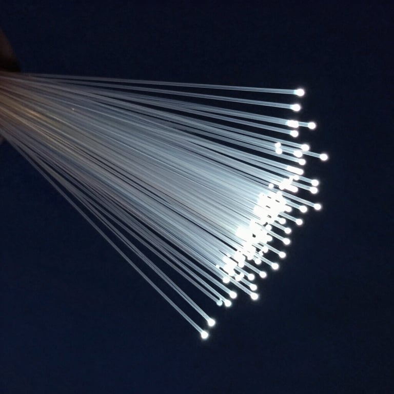 An abstract shot of high-speed fiber optic cables glowing with Mist Grey light against a Dark Navy background.