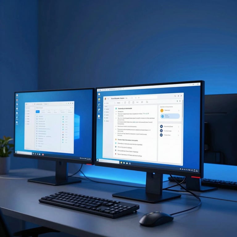 A modern North American / US workspace with multiple monitors showing clean, bold interfaces, bathed in a Deep Space Blue glow.