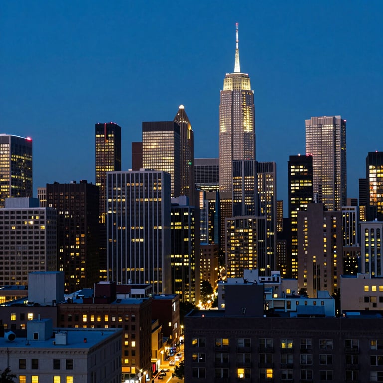 A busy North American / US downtown skyline at dusk, captured in Deep Space Blue and Dark Navy hues with glowing lights.