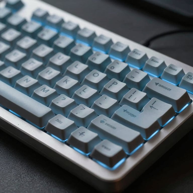 Macro shot of a high-tech keyboard with soft Slate Blue backlighting in a dark, sophisticated room.