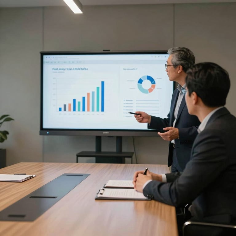 Two professionals discussing data on a screen in a sophisticated North American / US boardroom, lighting is focused and clean.