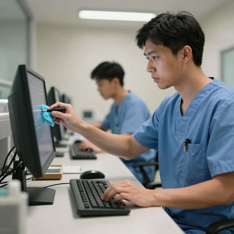 A cleaning technician in medical scrubs sanitizing a computer workstation in a medical administrative office.
