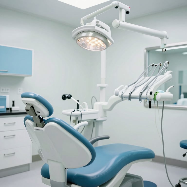 A sanitized dental operatory room in a North American / US clinic, with sparkling clean white surfaces and light blue accents.
