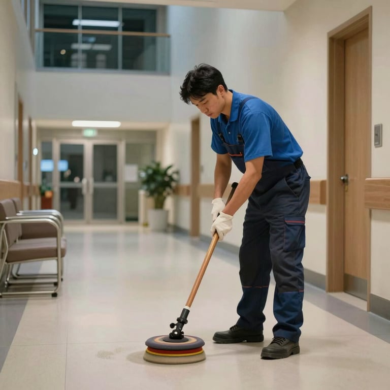 A janitorial professional floor-buffing a wide hospital hallway at night in a modern Manhattan facility.