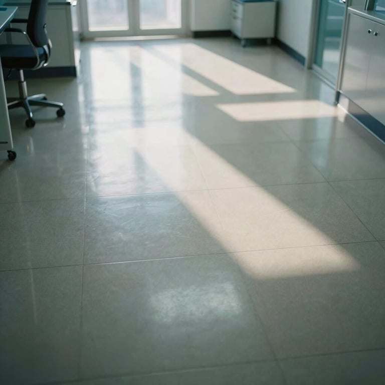 A high-angle shot of a polished medical office floor reflecting the bright, modern clinical lighting.