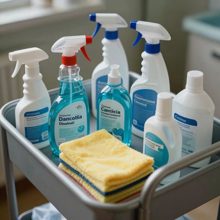 A detailed view of hospital-grade disinfectants and microfiber cleaning supplies neatly organized on a cart.