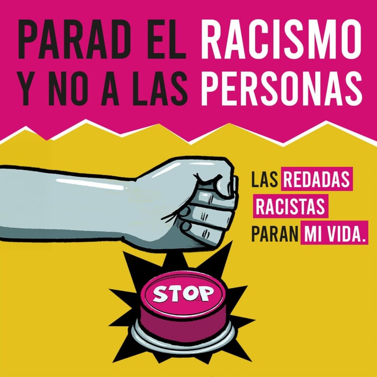 An anti-racism graphic showing a fist hitting a stop button with Spanish text demanding an end to racial profiling.