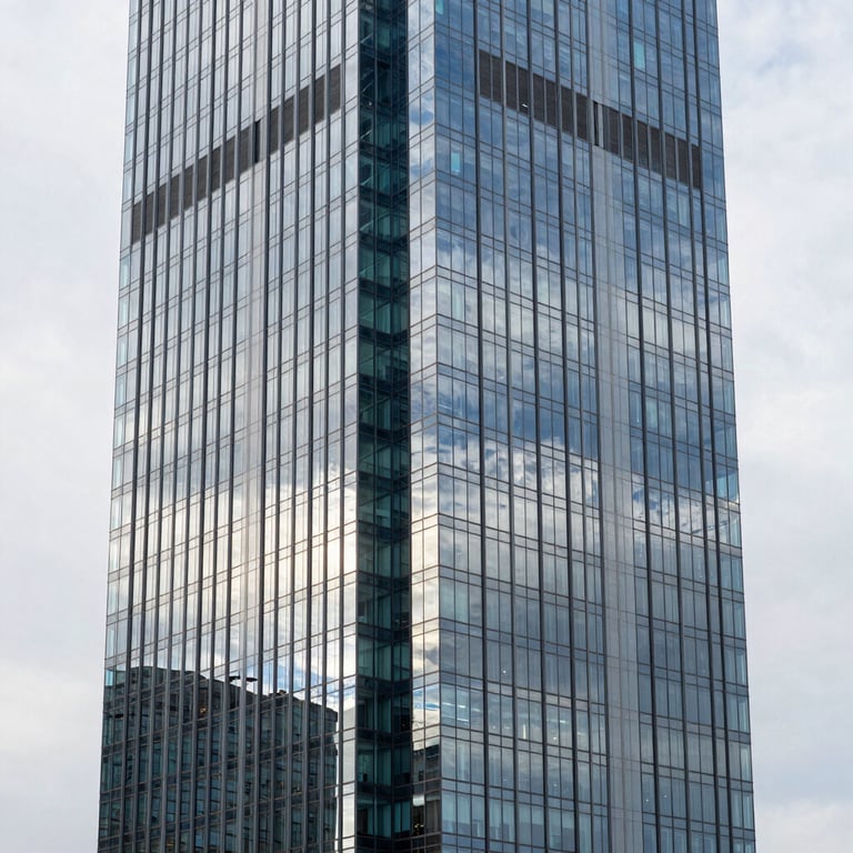 Minimalist shot of a modern glass skyscraper reflecting an arctic white sky.
