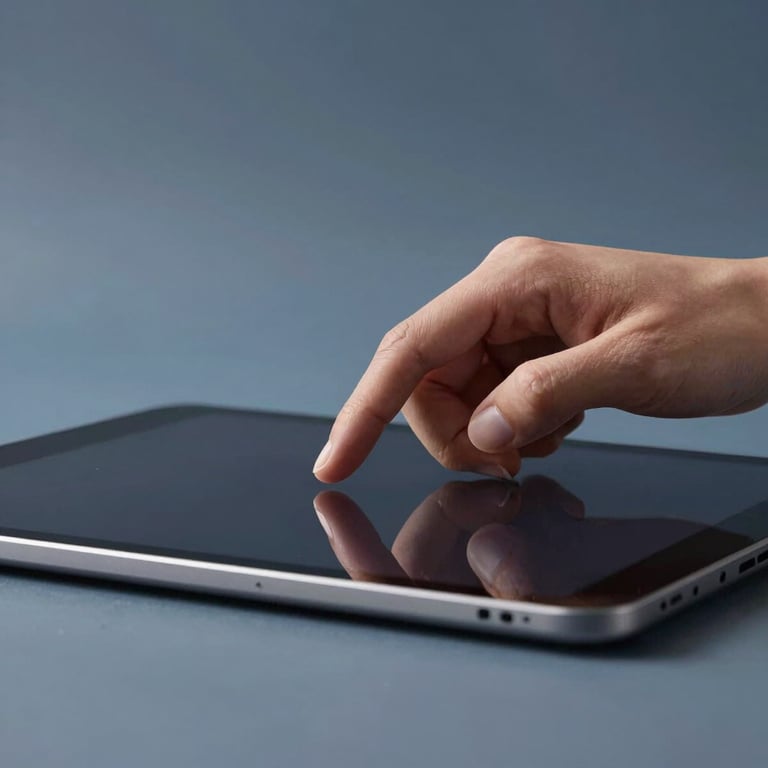 A close-up of a designer's hands working on a sleek tablet in a slate blue environment.