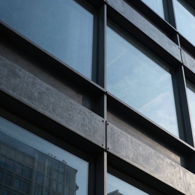Close-up detail of modern metal and glass architectural structures with slate blue shadows.