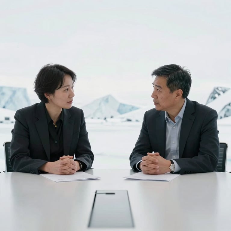 Two professionals engaged in a calm discussion in a bright, arctic white conference room.