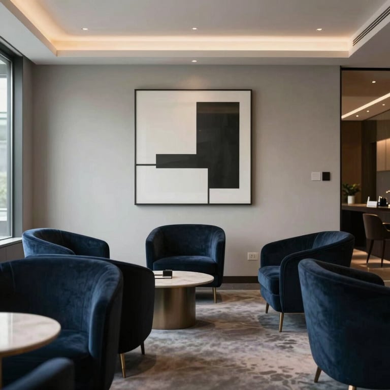 Interior of a high-end corporate lounge with midnight navy velvet chairs and minimalist art.