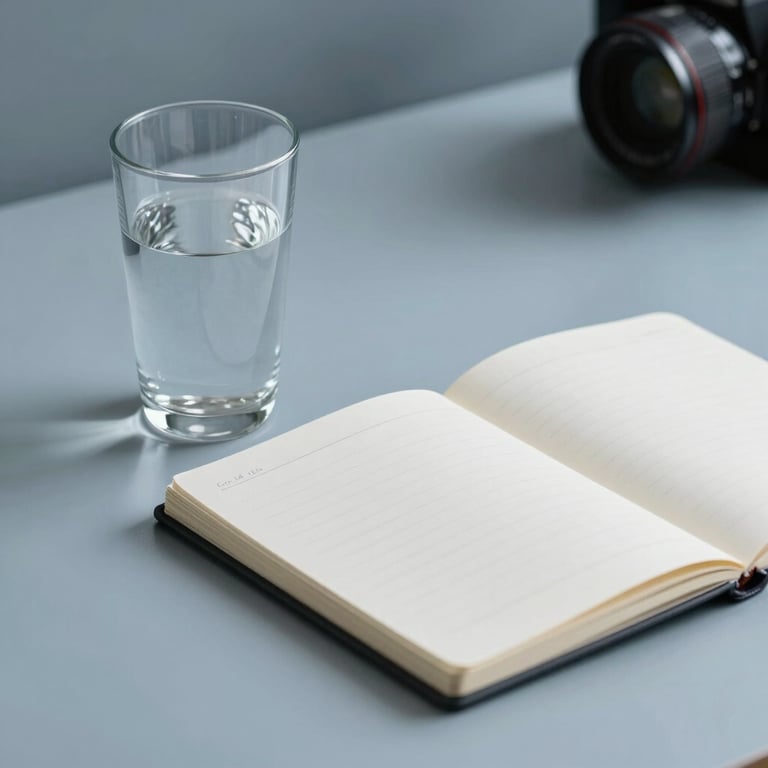 A clean, professional workspace featuring a single glass of water and a white notebook on a soft mist blue surface.