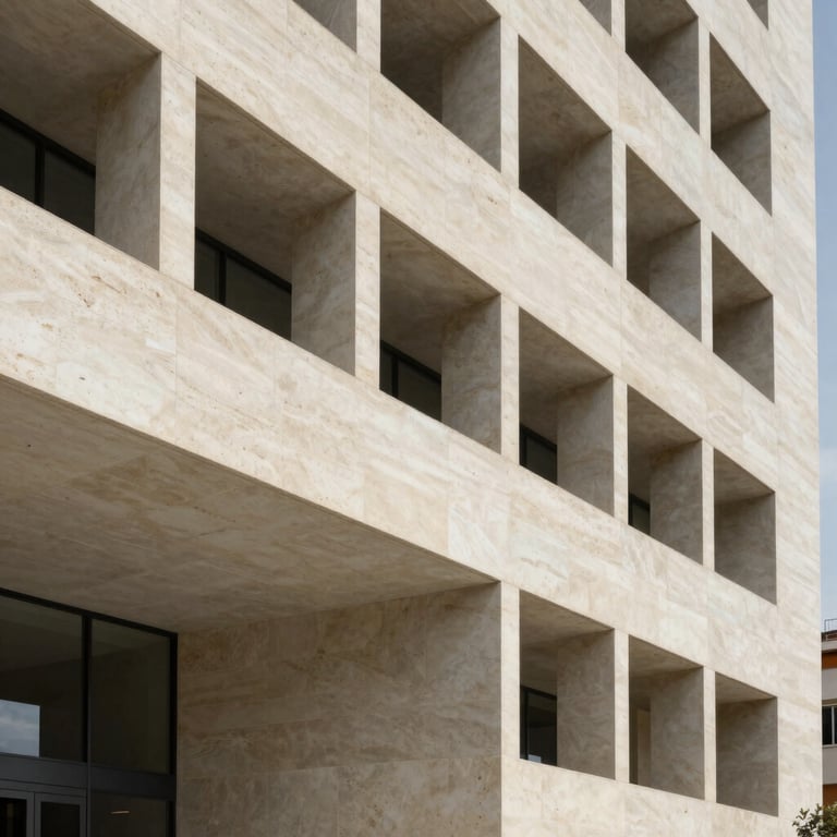 Minimalist architectural detail of a modern Spanish / Iberian & Latin American business center with soft off-white stone.