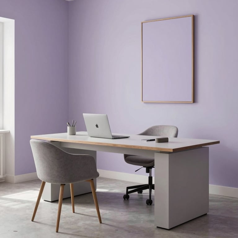 A bright, airy Spanish / Iberian & Latin American workspace with minimalist furniture and grayish lavender decor.