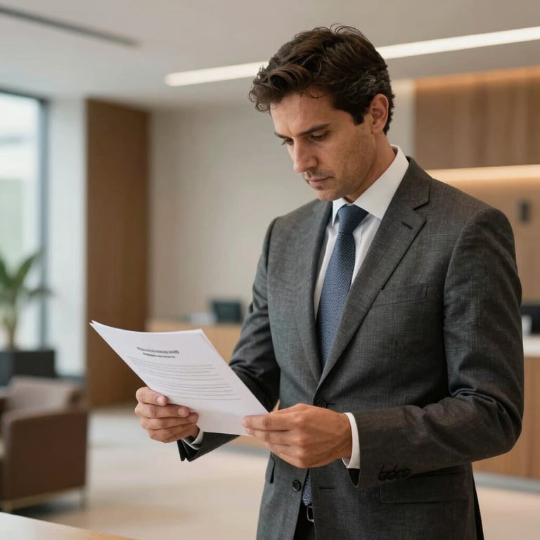 A professional in a tailored suit reviewing a document in a sleek Spanish / Iberian & Latin American corporate lobby.