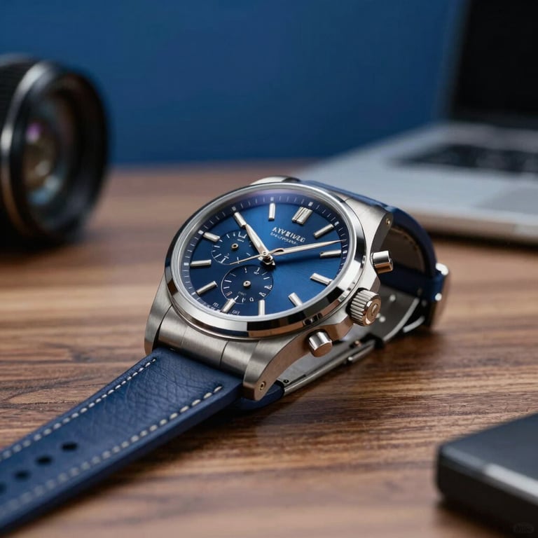 Close-up of a high-end designer watch on a wooden table in a Spanish / Iberian & Latin American office, deep modern blue tones.