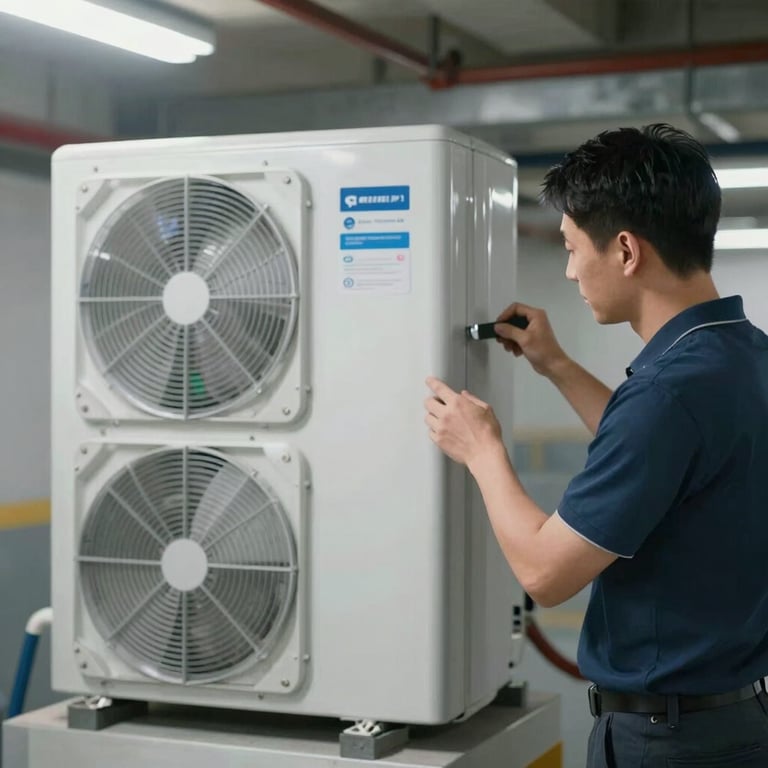 Detailed view of a modern HVAC system in a pristine basement, showcasing technical inspection depth.