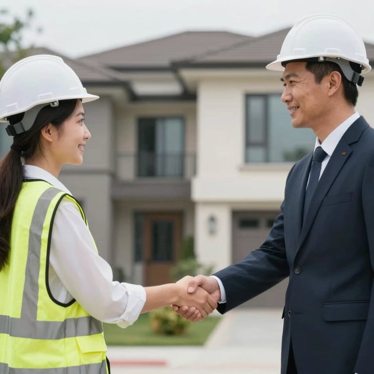 A firm handshake between a professional inspector and a client in front of a modern home, fostering trust.