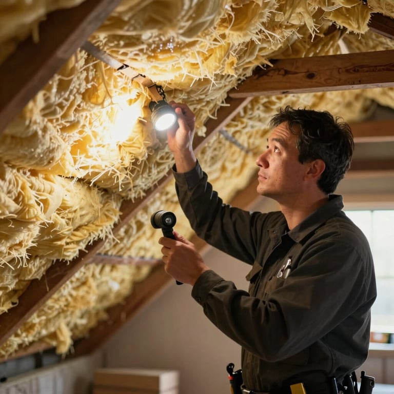 Inspector safely examining attic insulation with a high-powered flashlight, highlighting meticulous detail.