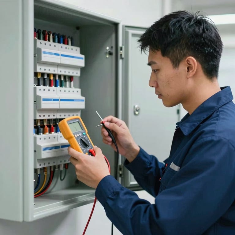 A focused shot of an inspector checking an electrical panel with a professional multimeter, clean lighting, colors including navy (#1A2C3C).