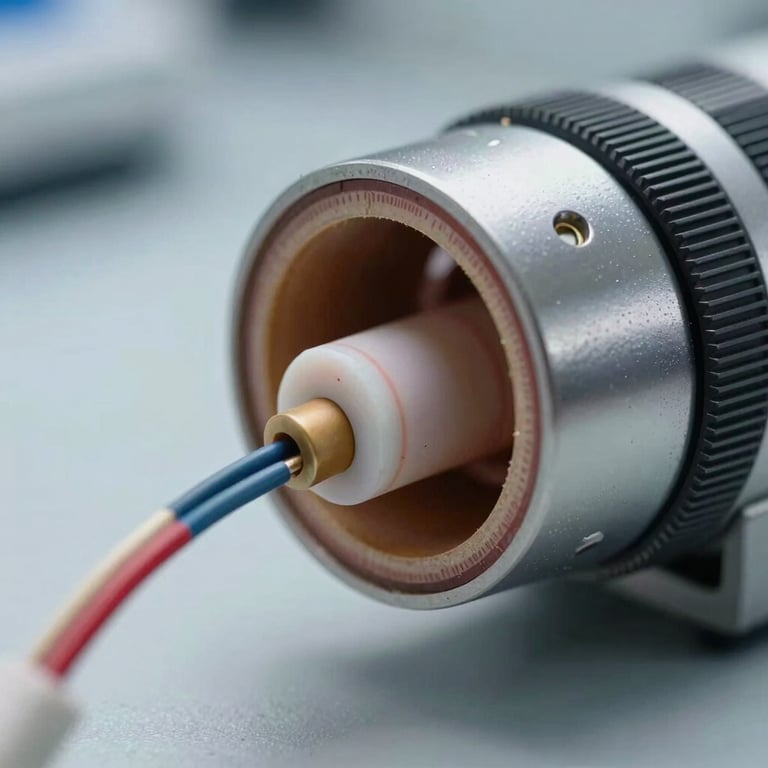 Cross-section macro photograph of a custom temperature sensor probe, showing the internal ceramic thermistor element and lead wires, sterile cool laboratory lighting, precise engineering details.