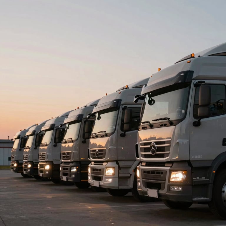 A row of logistics trucks prepared for transport at dawn, sophisticated industrial lighting, #7E6D5D color accents.