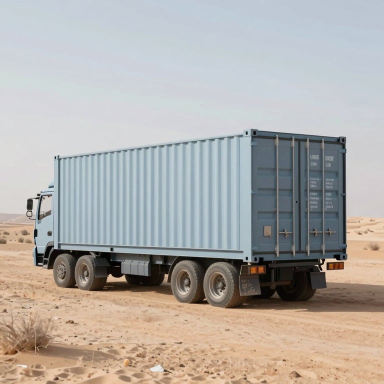 A large industrial container converted into a mobile workshop, showcasing onsite service capabilities in a desert landscape using #3C3C3B and #F3EFEA.