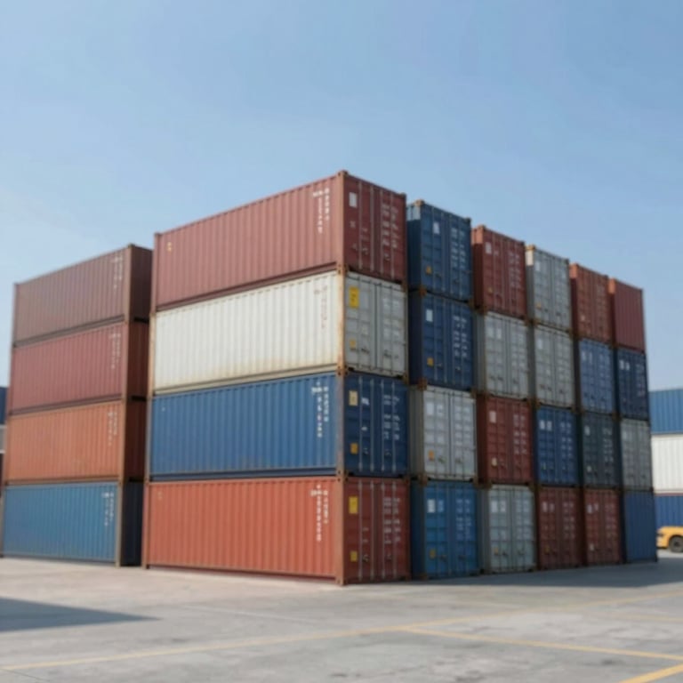 Stack of shipping containers at a logistics hub under a vast blue sky, emphasizing the scale of operations.