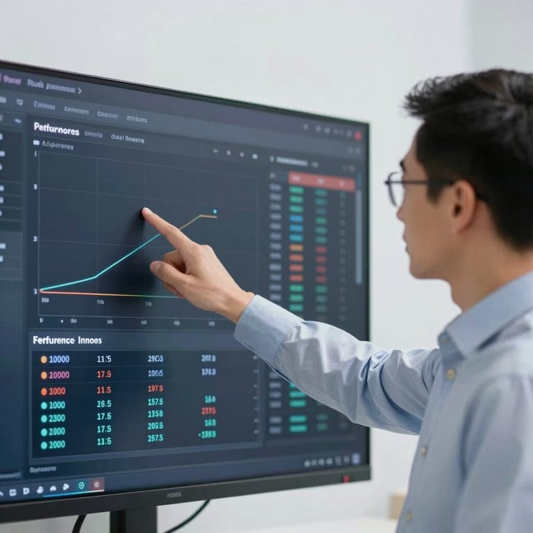 A mentor pointing at a digital screen showing performance metrics, clean and authoritative style.