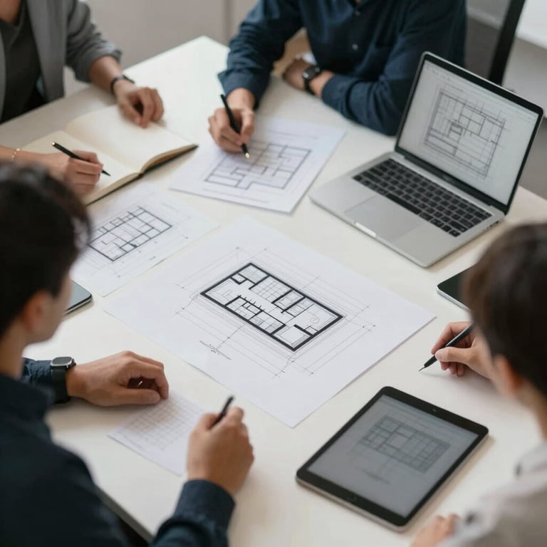 An overhead view of a collaborative workspace with architectural designs and business tablets.
