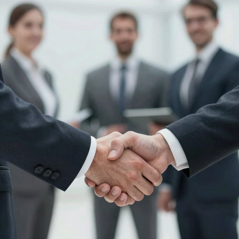 A handshake between two professionals in formal attire, emphasizing trust and partnership.