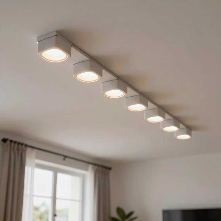 A row of neatly installed LED ceiling lights (plafones) in a bright Southern European / Spanish living room.
