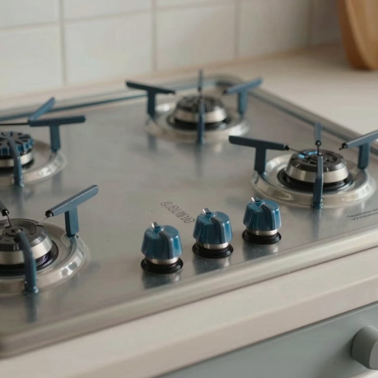 Close-up of a new ceramic hob (vitrocerámica) being installed in a Southern European / Spanish kitchen, featuring clean Steel Blue and Pale Grey tones.