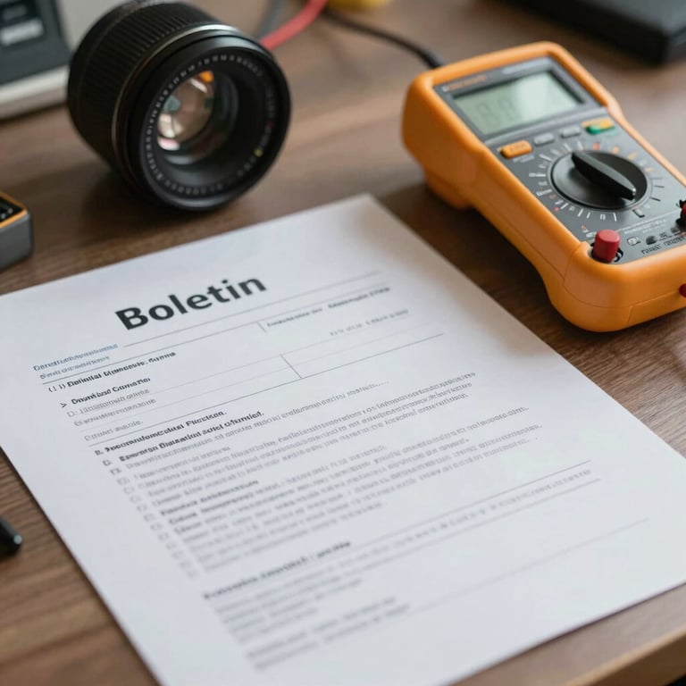 A detailed shot of a professional electrical certificate (boletín) on a desk next to a digital multimeter.