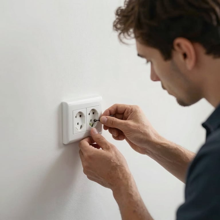 A technician replacing an electrical socket and switch on a white wall in a modern Southern European / Spanish home.