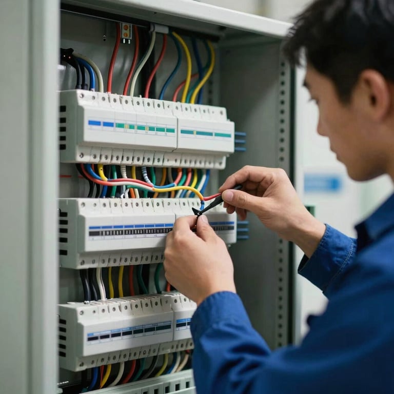 An electrician assembling a complex electrical panel with multi-colored wires in a professional workshop.