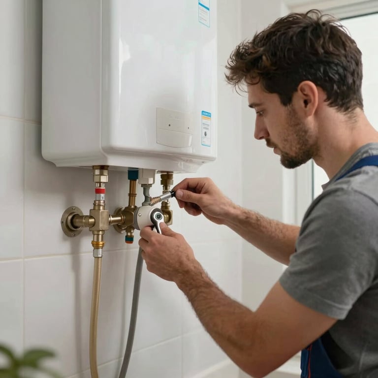 A professional installing a water heater in a utility room of a Southern European / Spanish apartment.