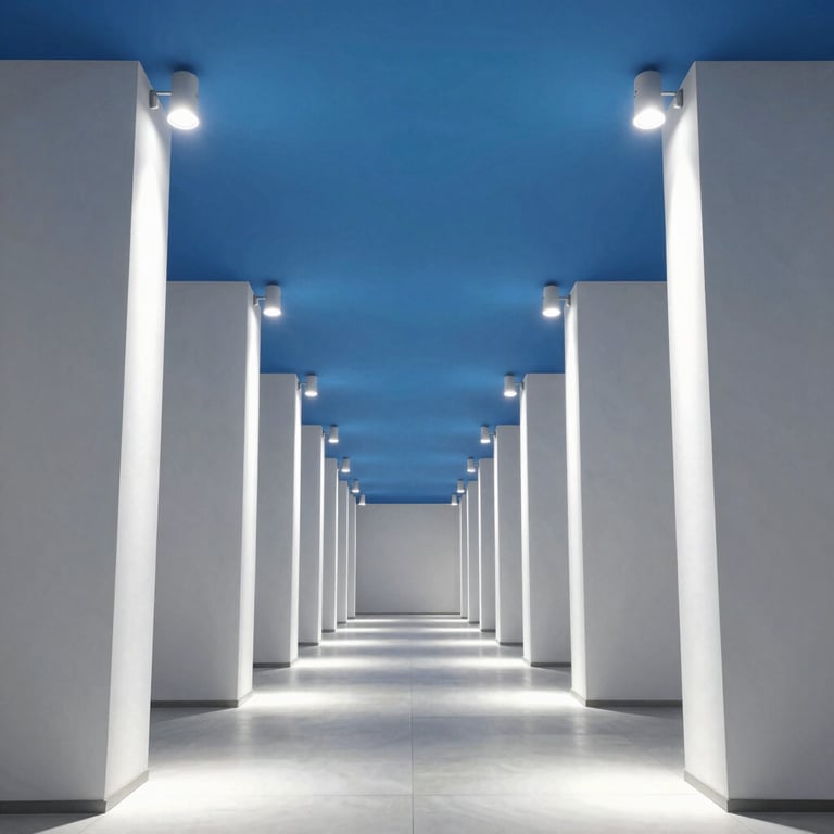 Long modern hallway with white columns and blue ceiling.