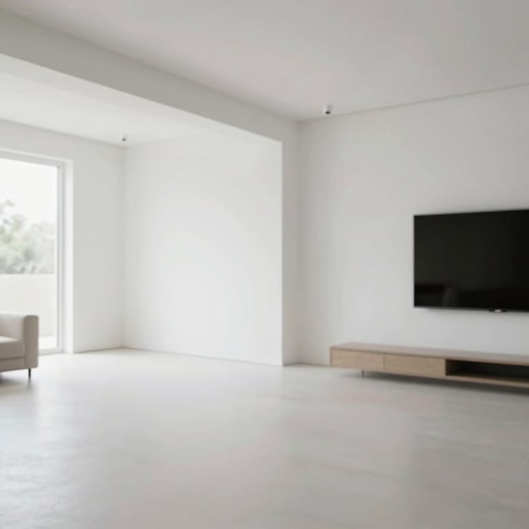 A perfectly finished residential living room with smooth white walls and clean architectural lines, professional lighting, reflecting high-quality finishing work.