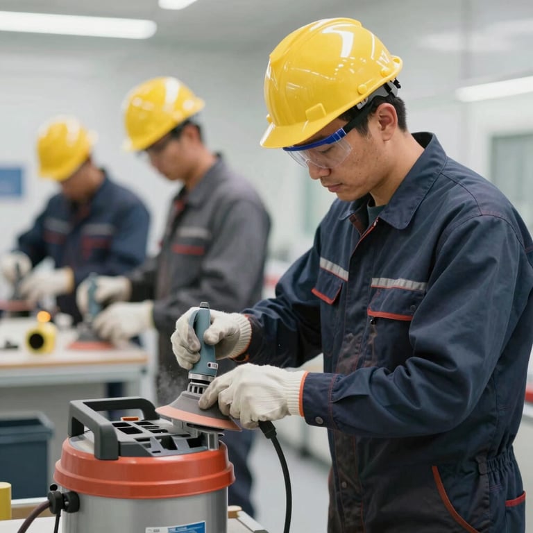 A professional team member wearing safety gear, expertly sanding a joint with dust-collection equipment in a clean interior environment.