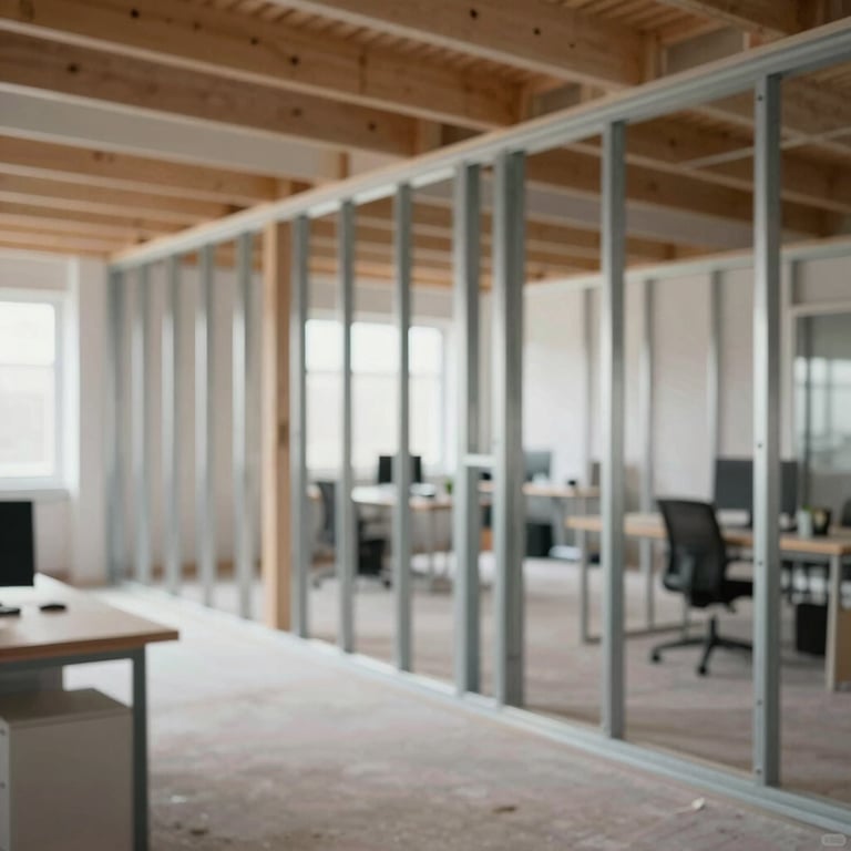 Interior of a commercial office space during the drywall phase, showing sturdy metal framing and expertly hung sheets, clean and organized workspace.